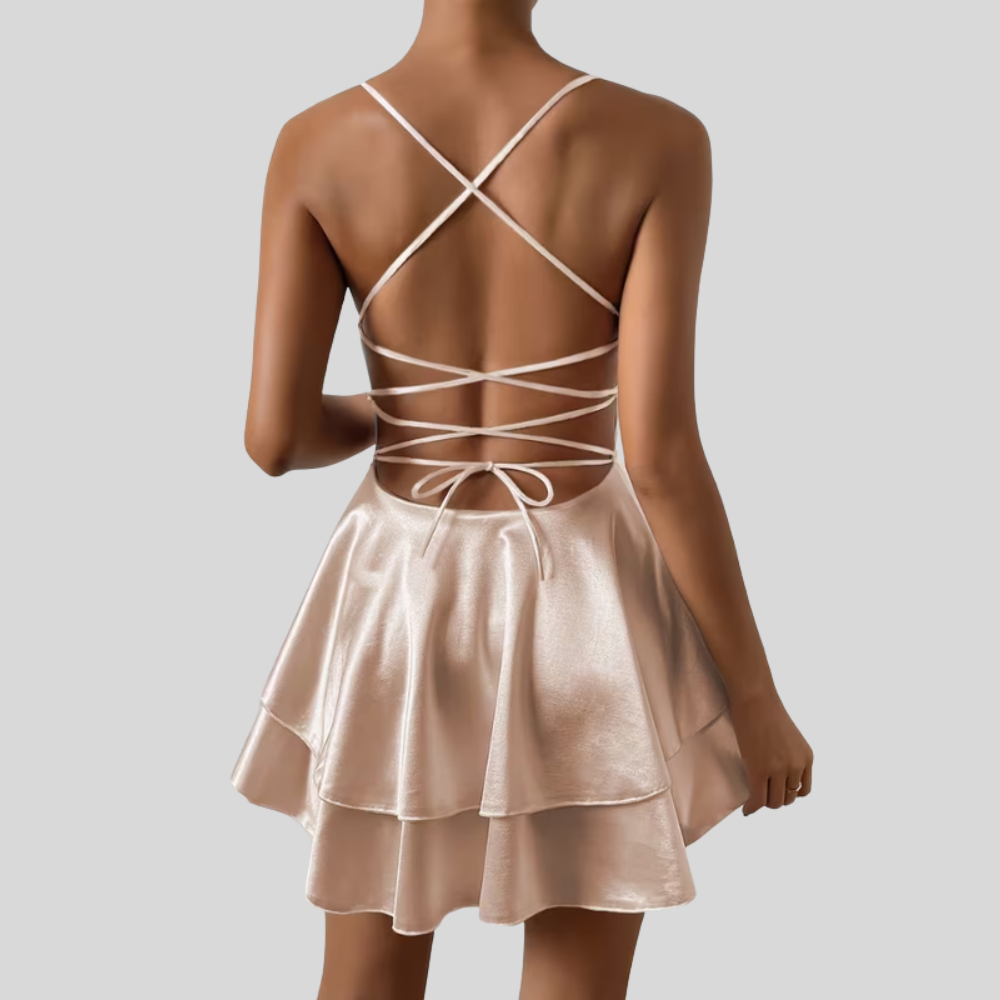 Damen Kleid mit V-Ausschnitt, Faltenrock, offenem Rücken, elegantes Abendoutfit