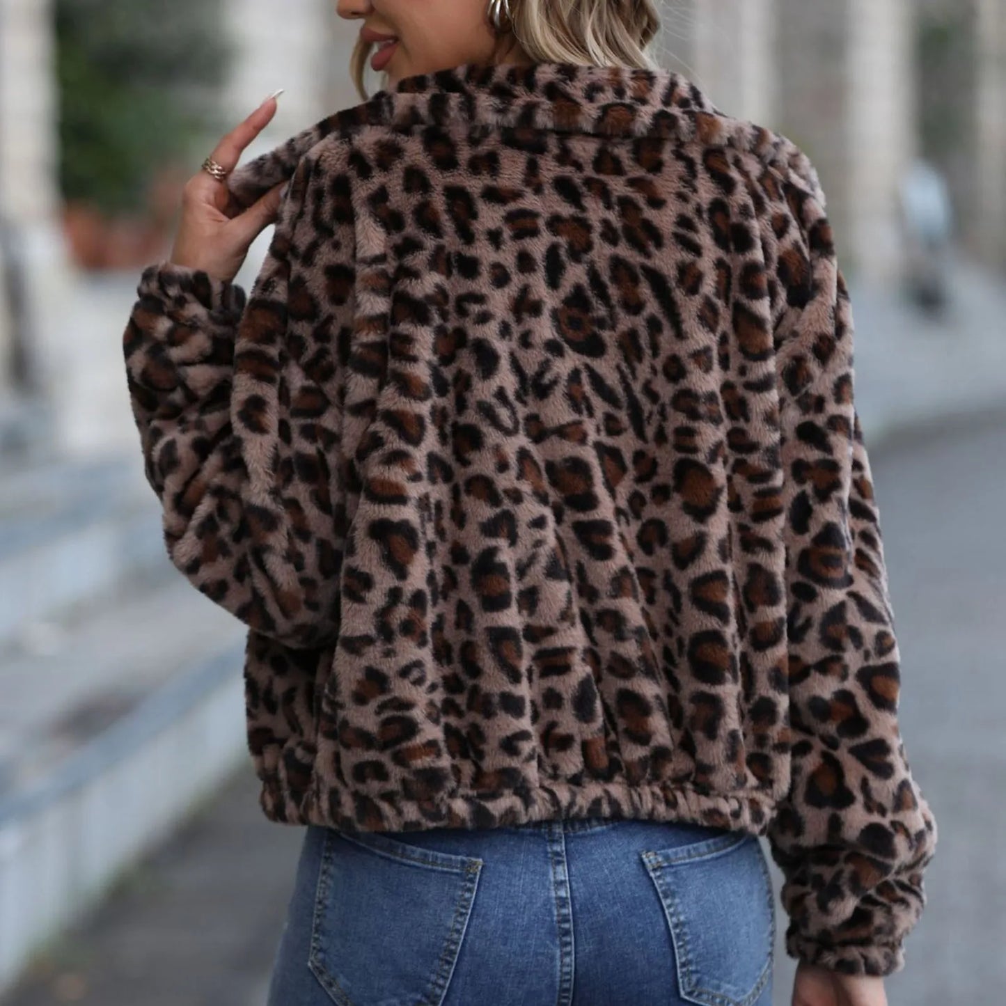 Leopard Print Bomber Jacket with Cropped Fuzzy Fleece Style