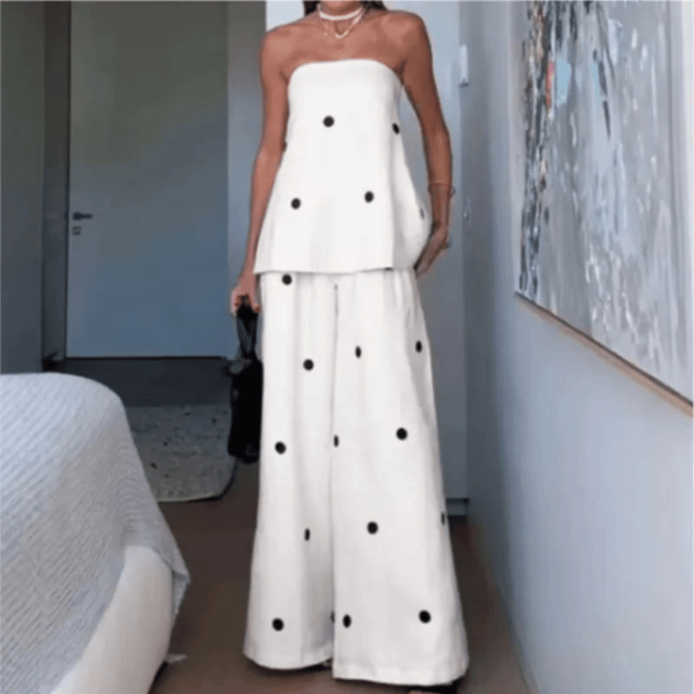 Women Polka Dot Backless Top Wide Leg Pants Set