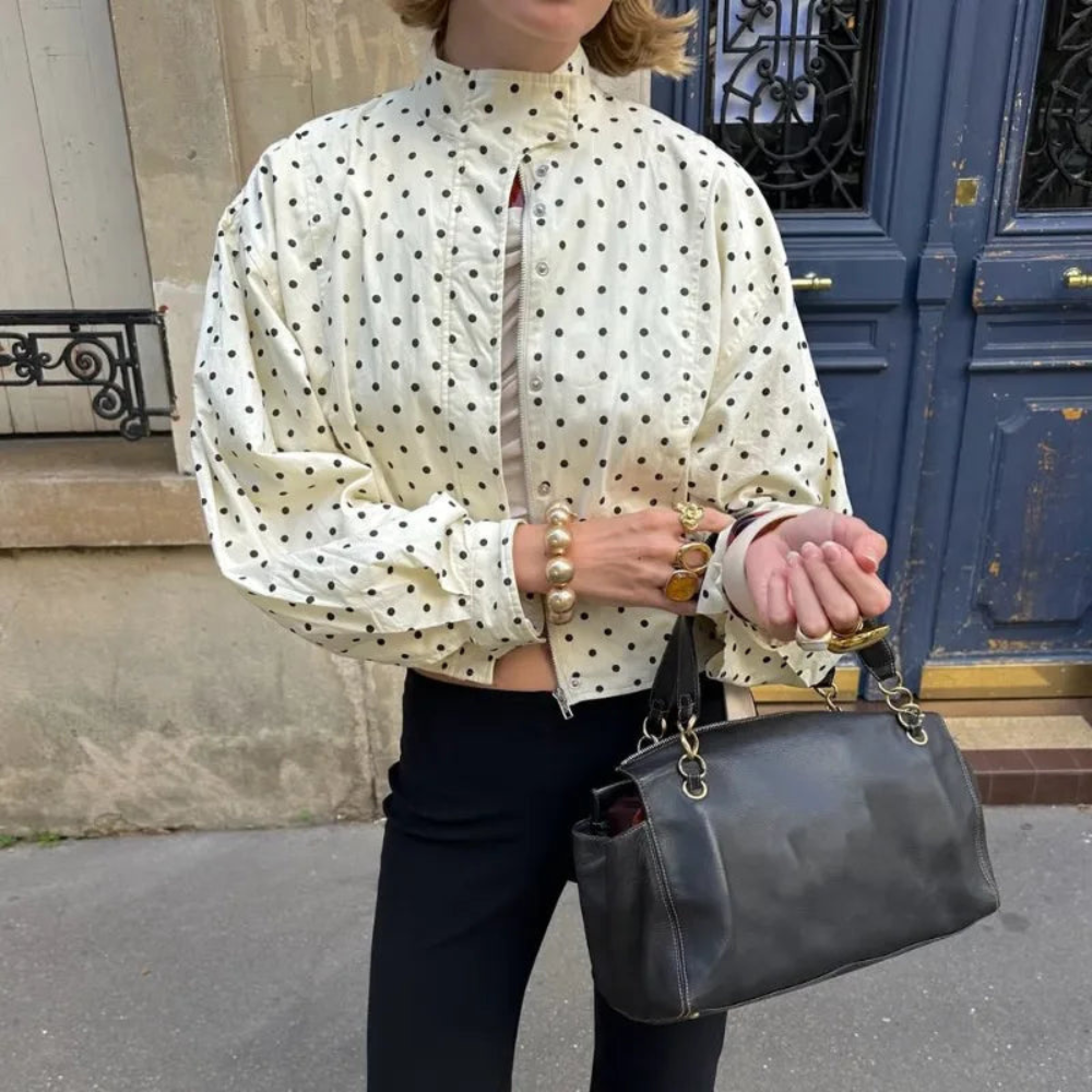 Women Polka Dot Jacket Stand Collar Casual Coat