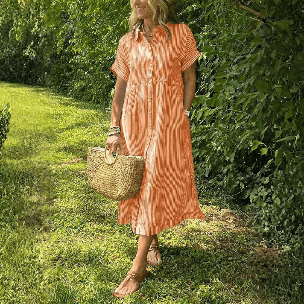 Women Striped Button Front Shirt Midi Dress