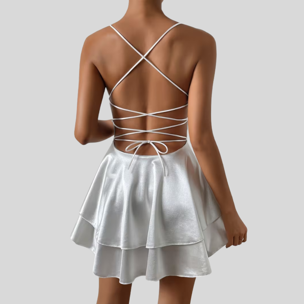 Women Cross V Neck Pleated Dress Open Back Elegant Evening Outfit