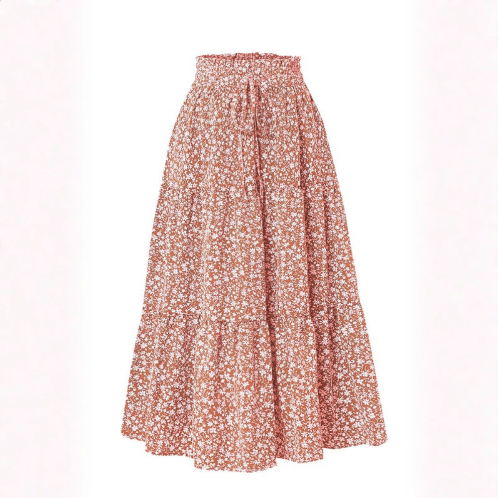Women Summer Floral A Line Midi Skirt With Elastic Waist