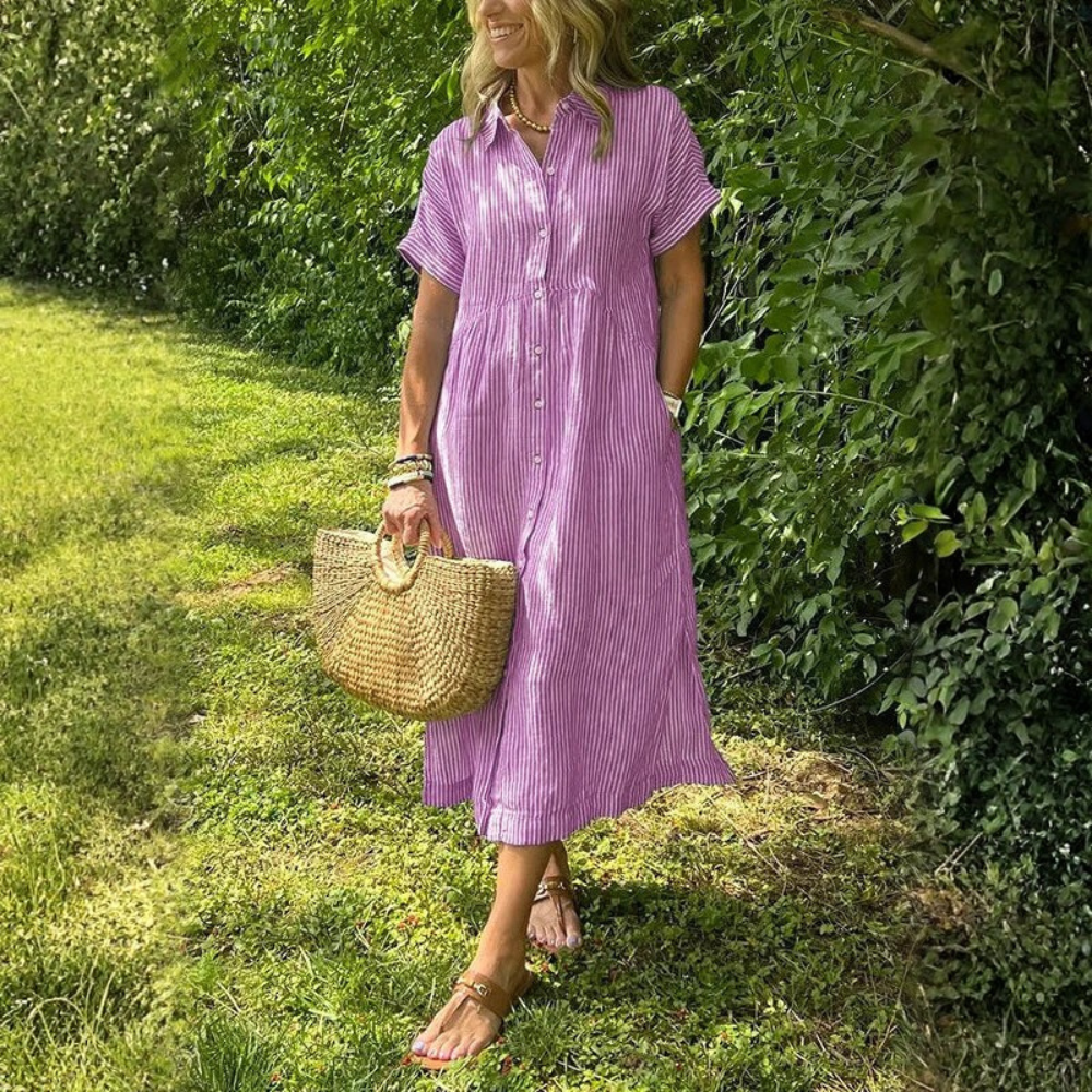 Women Striped Button Front Shirt Midi Dress