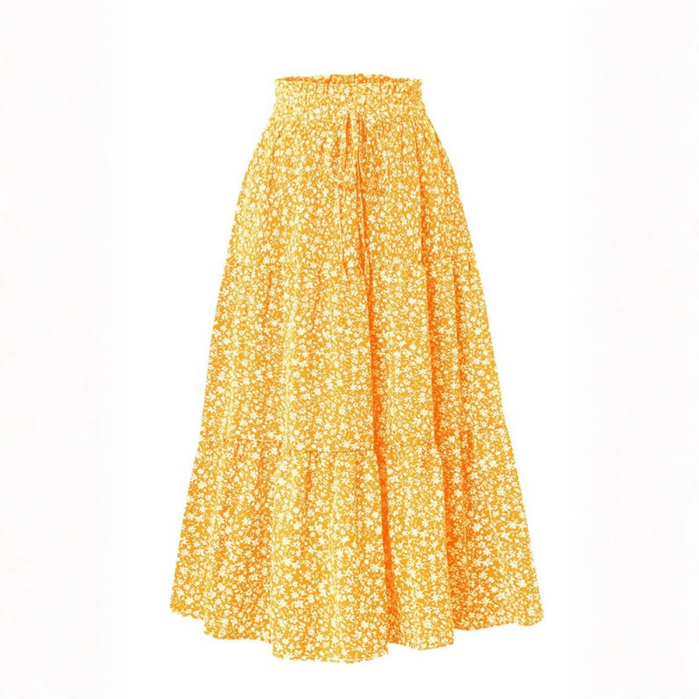 Women Summer Floral A Line Midi Skirt With Elastic Waist