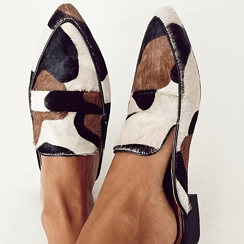 Women's Cow Print Pointed Toe Mule Loafers with Low Block Heel