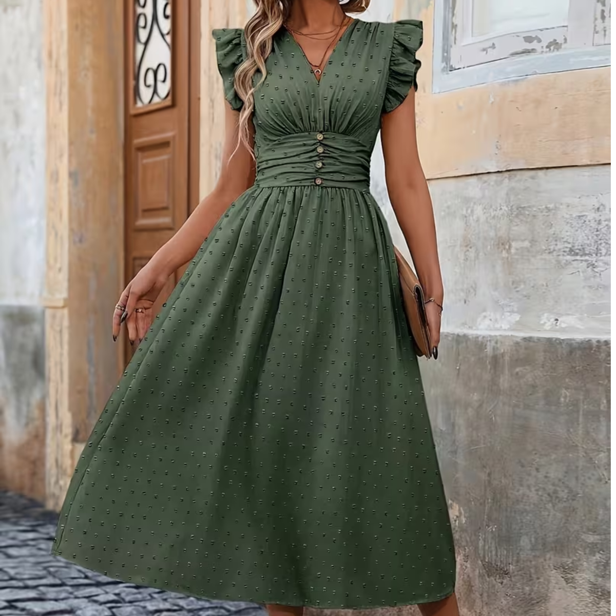 Midi-Kleid mit V-Ausschnitt und Rüschensaum