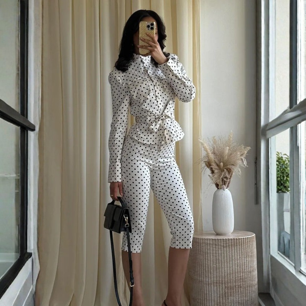 Women Polka Dot Two Piece Set Crop Top Pants Casual Outfit