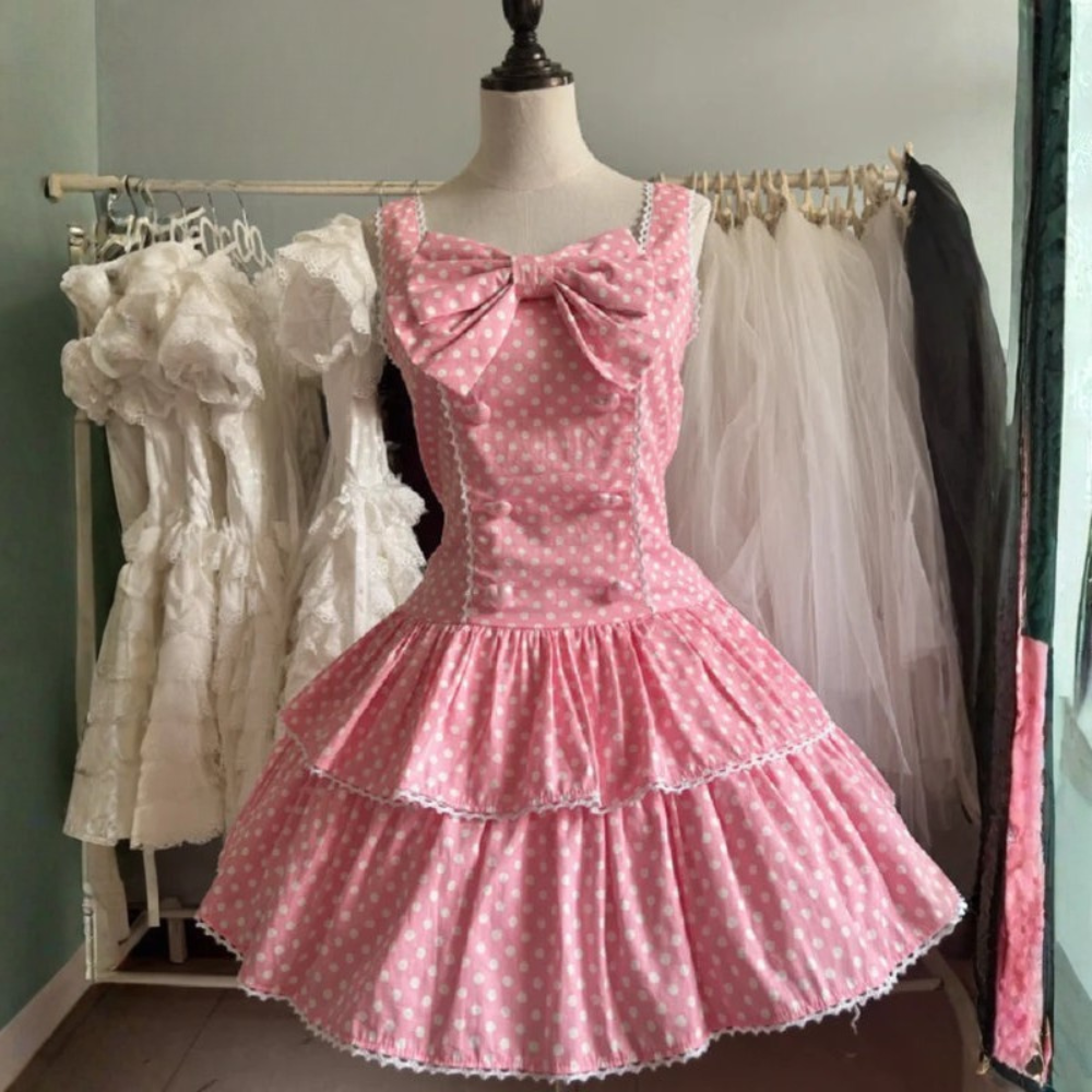 Women Kawaii Polka Dot Mini Dress Bow Strap Cute Party