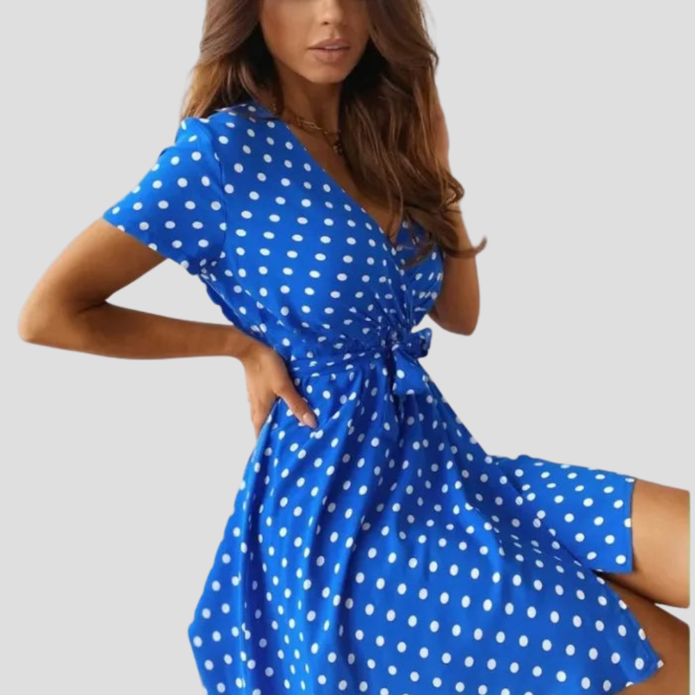 Women Polka Dot V Neck Dress Belted Casual Summer