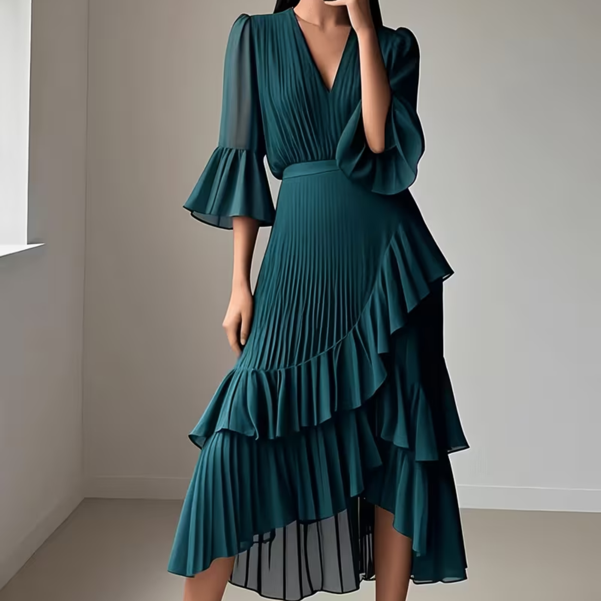 Midi-Kleid mit V-Ausschnitt und plissierten Rüschen