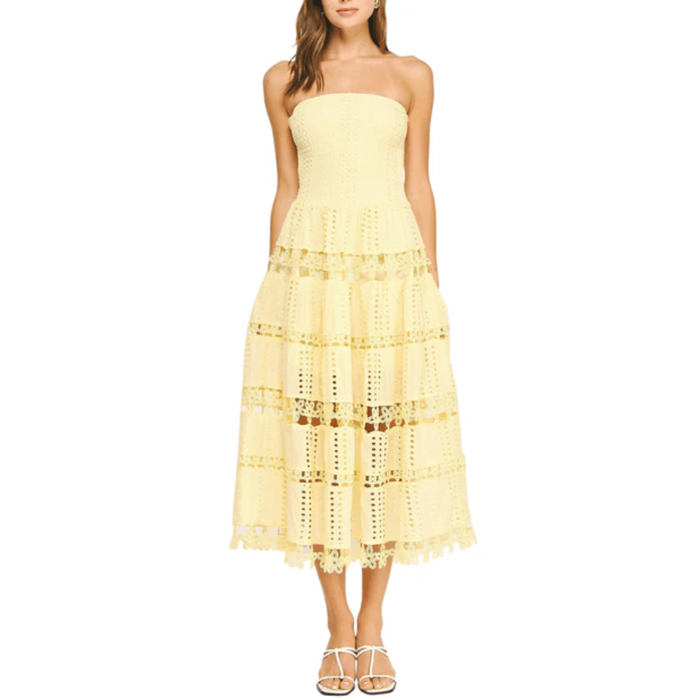 Strapless Midi Dress with Tiered Ruffle Design