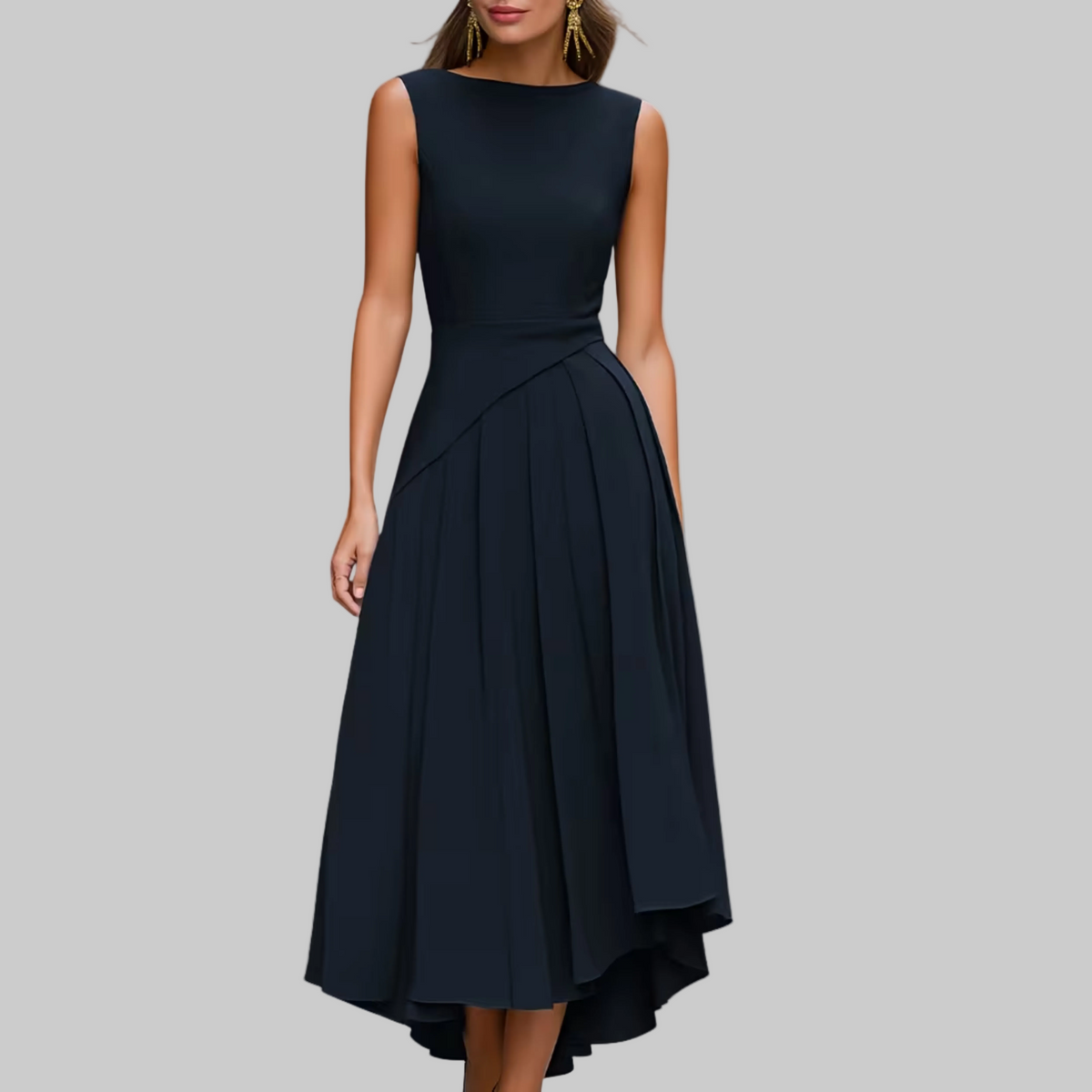 Ärmelloses, asymmetrisches, plissiertes Midi-Kleid