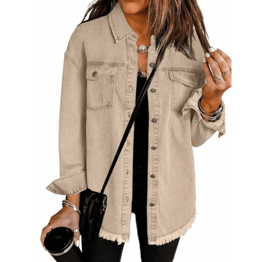 Chaqueta Camisa de Mezclilla Lavada Oversize con Dobladillo Deshilachado