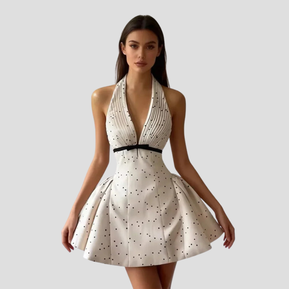 Women Polka Dot Halter Mini Dress Backless High Waist