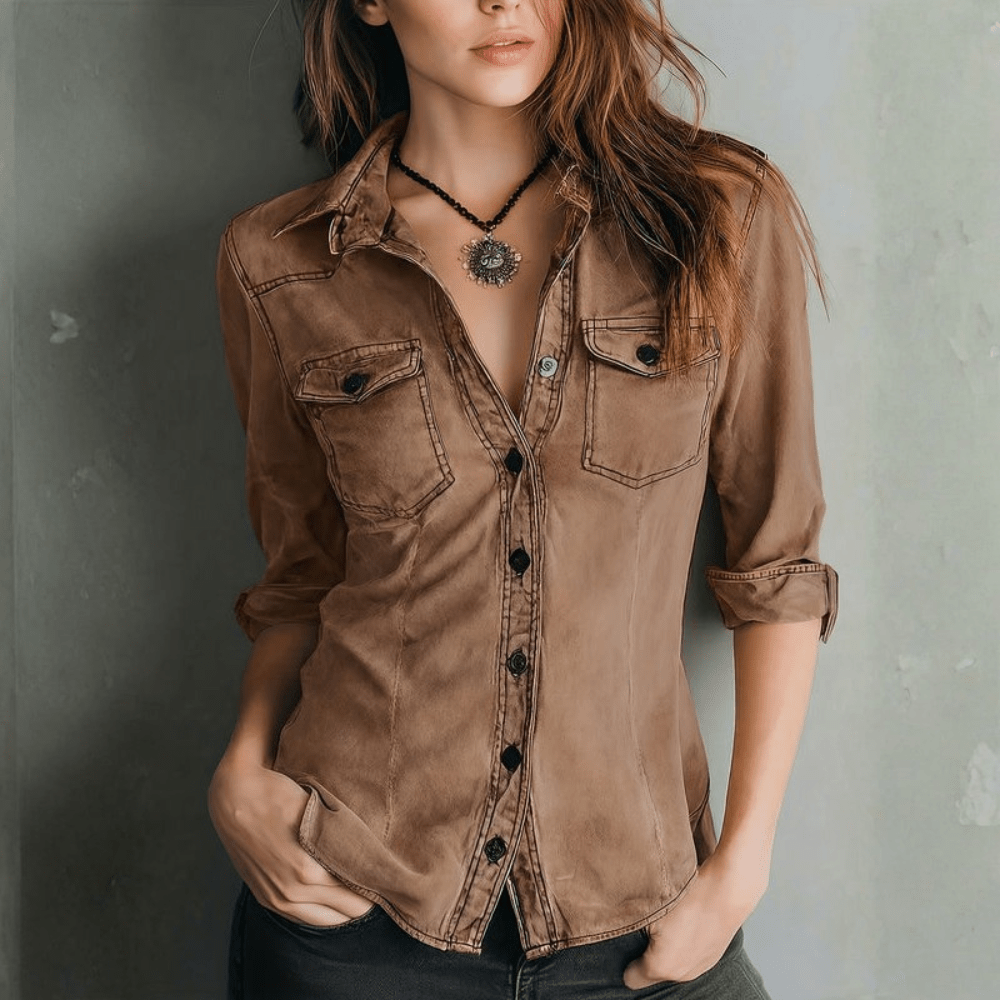 Vintage Washed Button Down Shirt With Slim Fit Tailored Style