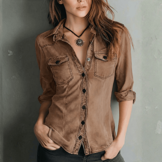 Vintage Washed Button Down Shirt With Slim Fit Tailored Style