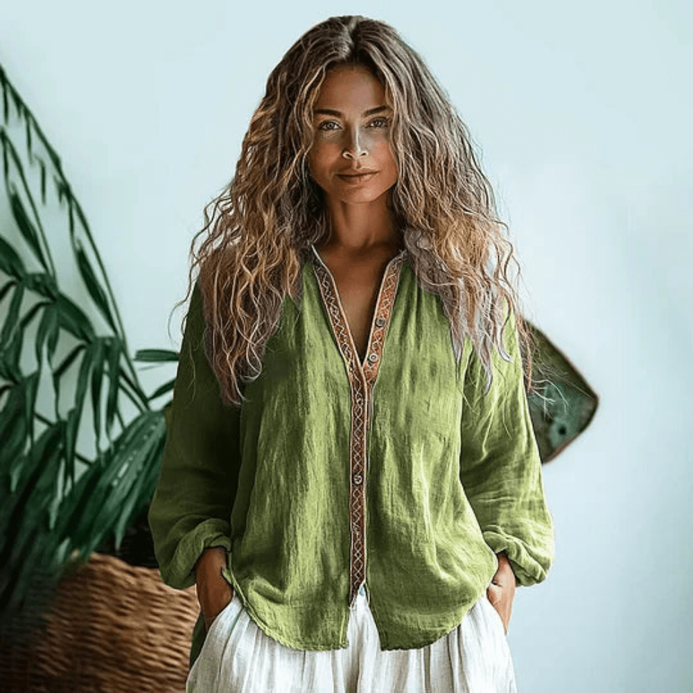 Women's Boho Long Sleeve V Neck Casual Top