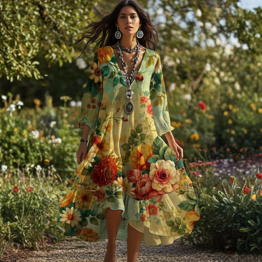 Women Vintage Boho Maxi Dress V Neck Flowy Summer Casual Outfit