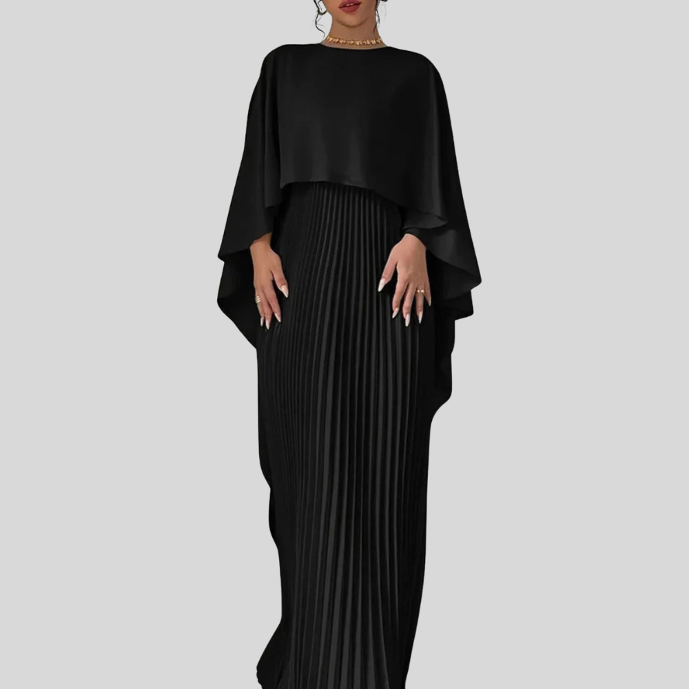Women Pleated Cape Maxi Dress Elegant Formal Evening Gown