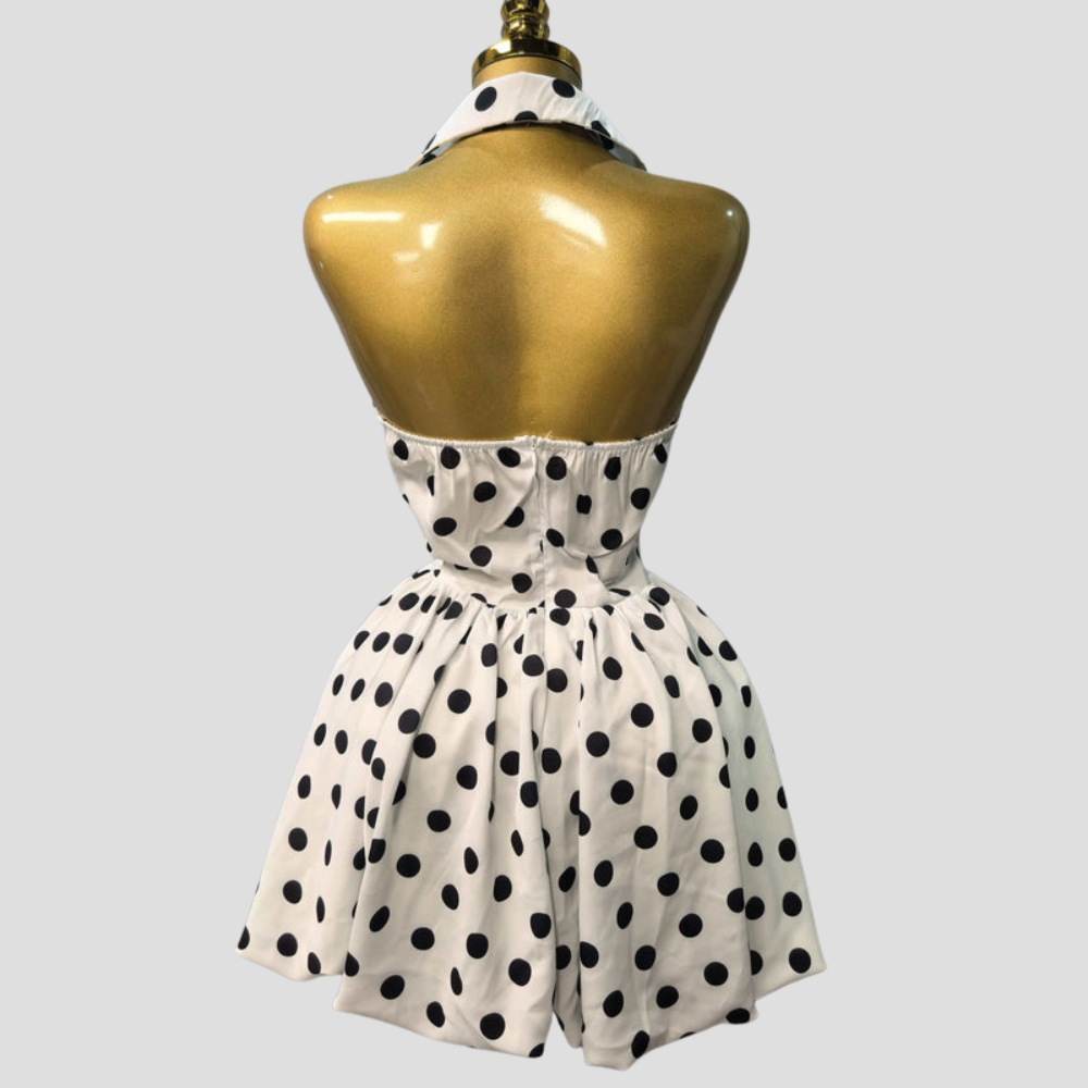 Women Polka Dot Halter Mini Dress Tie Front Vintage Party
