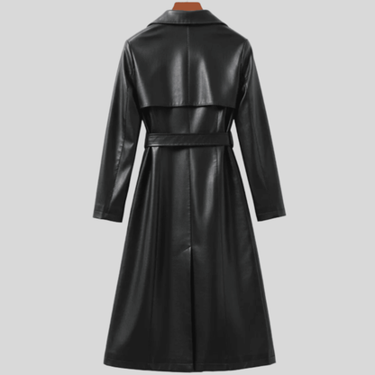 Women Sheepskin Leather Trench Coat Belted Elegant Long Jacket