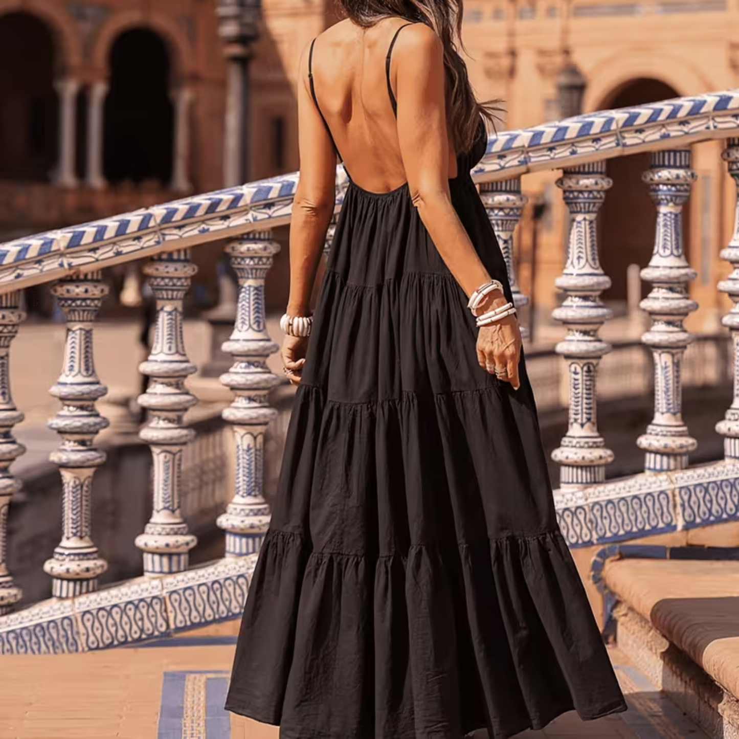 Deep V Neck Spaghetti Strap Flared Maxi Dress