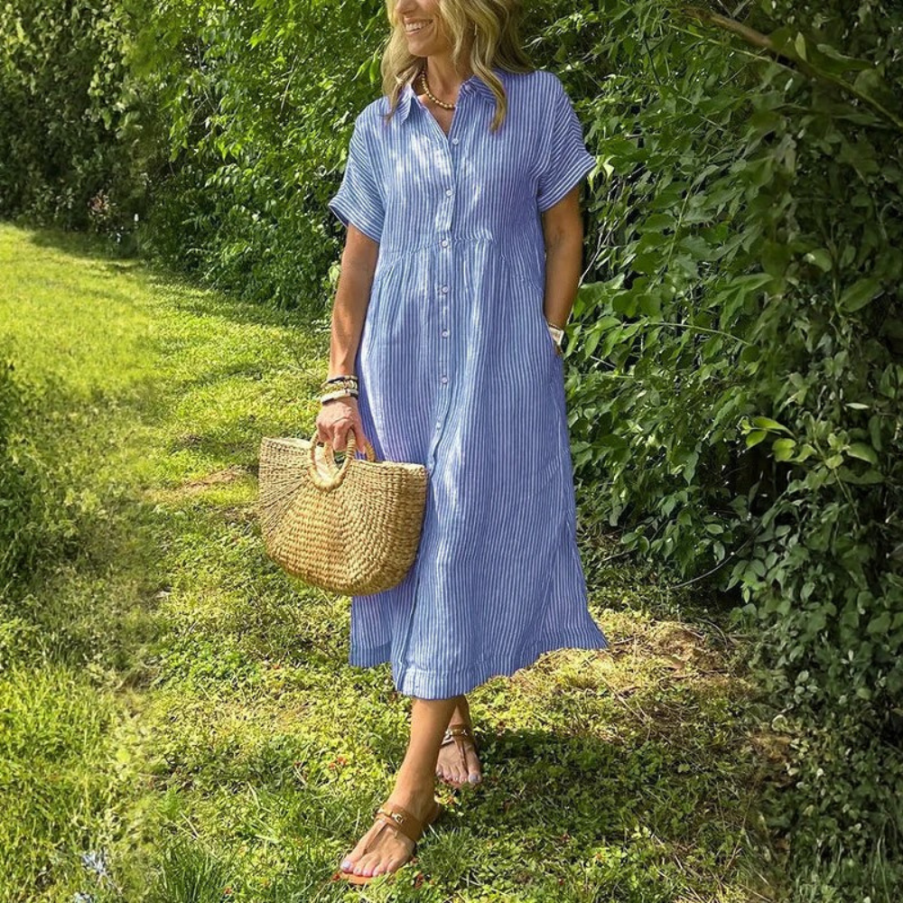 Women Striped Button Front Shirt Midi Dress