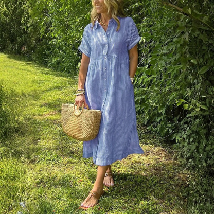 Damen Midi-Kleid mit gestreiftem Hemd und Knopfleiste vorne