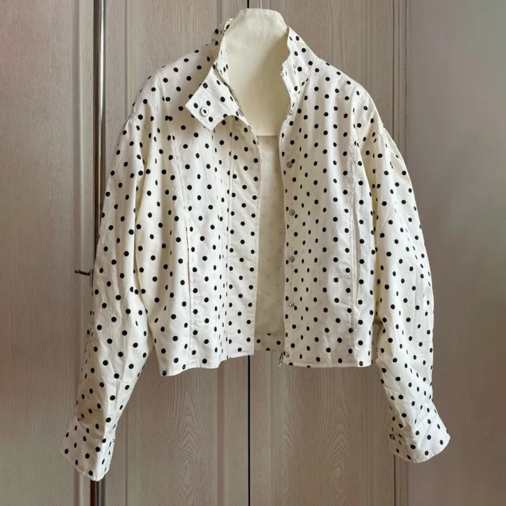 Women Polka Dot Jacket Stand Collar Casual Coat