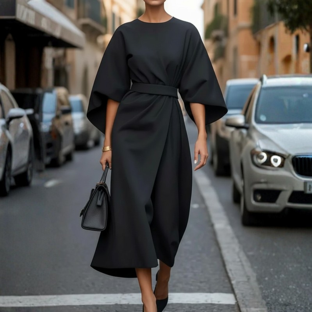 Women Belted Cocktail Dress Lantern Sleeve Elegant Evening Outfit