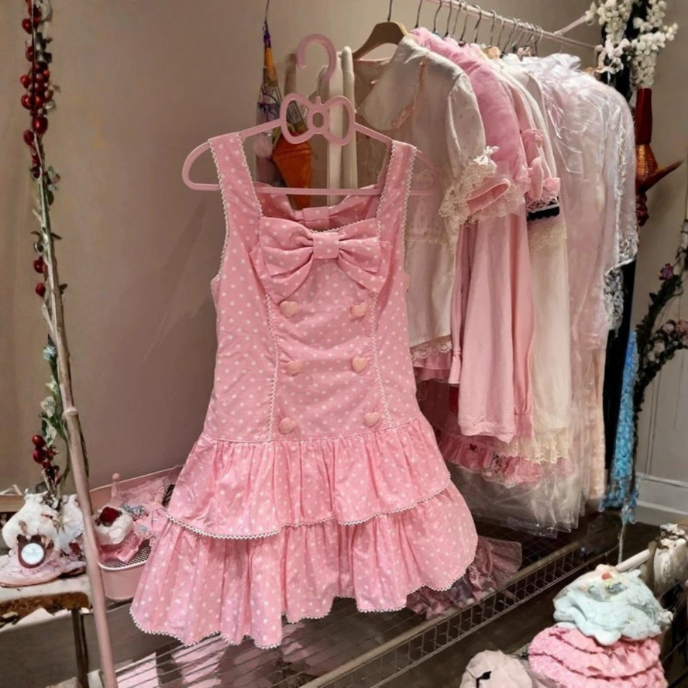 Women Kawaii Polka Dot Mini Dress Bow Strap Cute Party