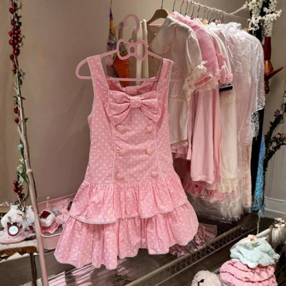Women Kawaii Polka Dot Mini Dress Bow Strap Cute Party