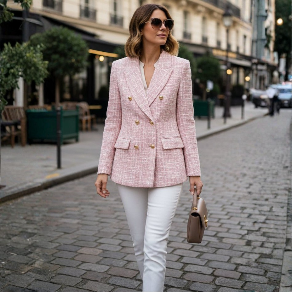 Blazer de tweed para mujer con detalle elegante de botones para oficina