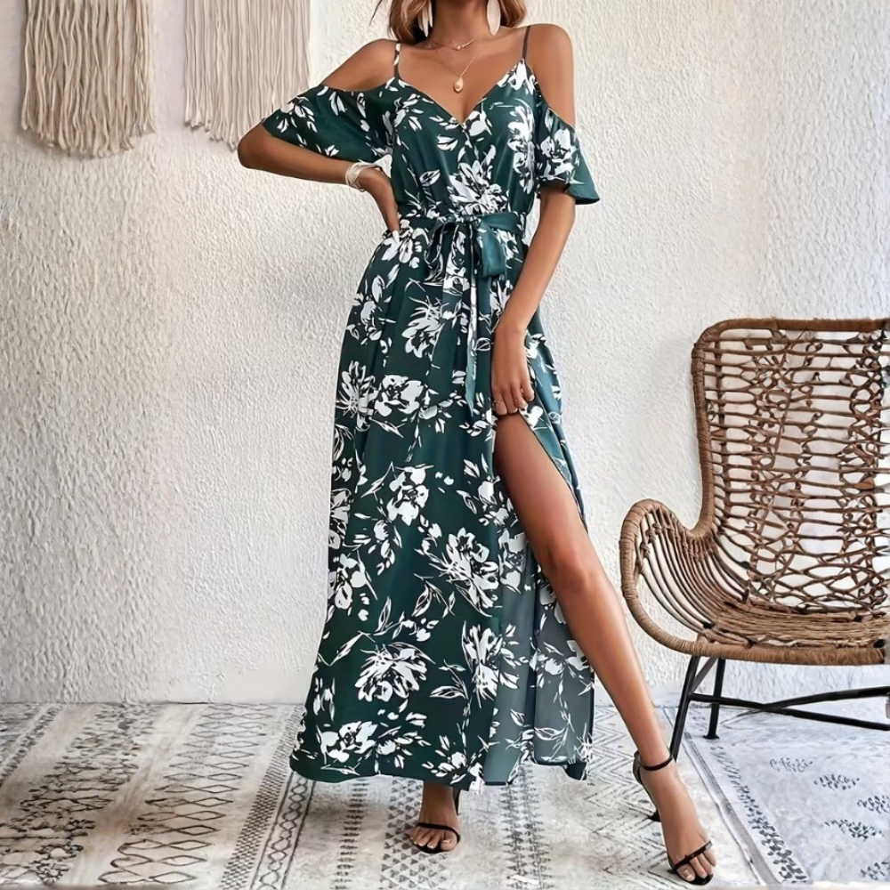 Women Floral A Line Dress Cold Shoulder Spaghetti Strap Summer Outfit