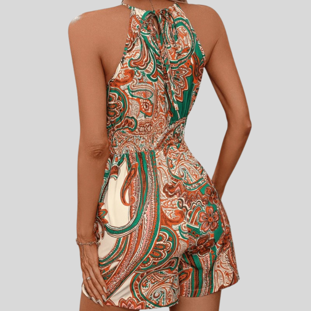 Women Paisley Halter Romper Tie Waist Flowy Summer Vacation Outfit