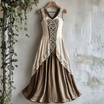 Abito lungo senza maniche in stile medievale vintage con dettagli in pizzo