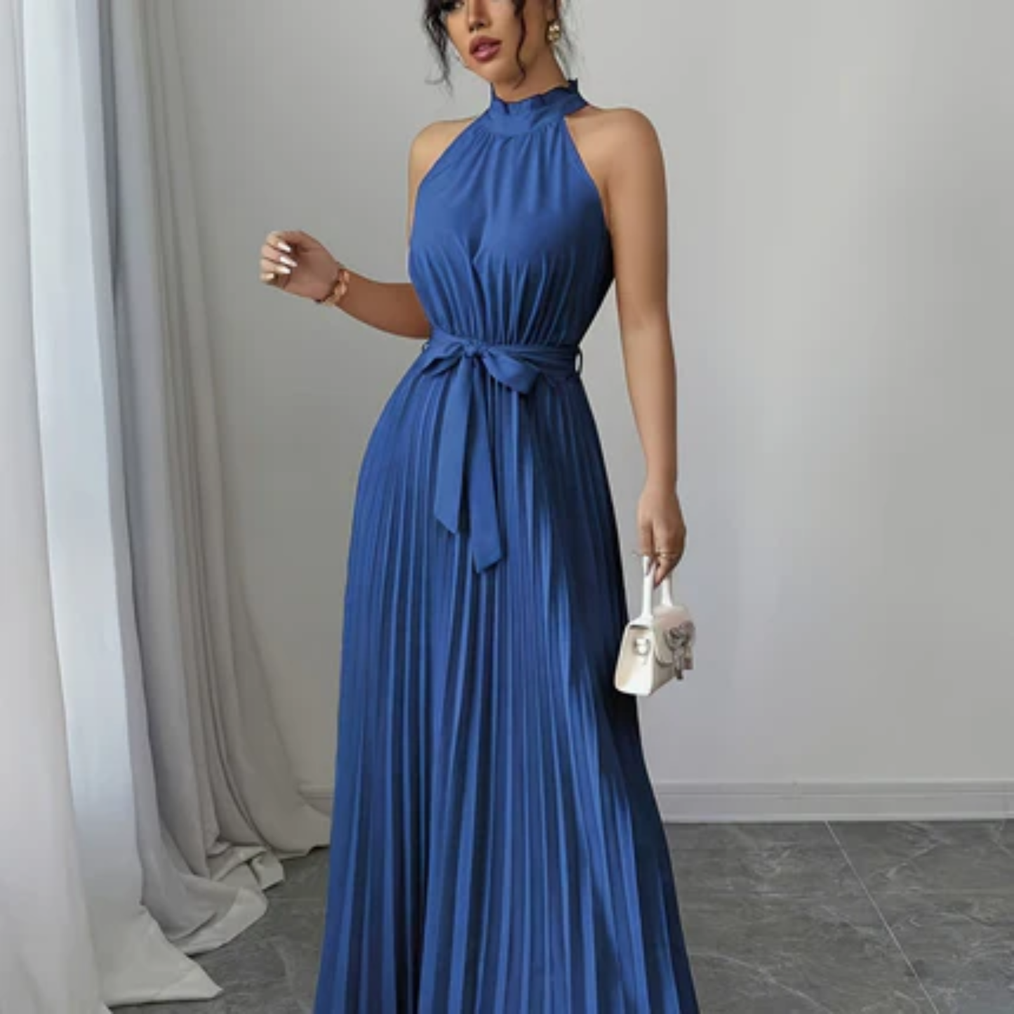 Sleeveless Pleated Belted Maxi Dress