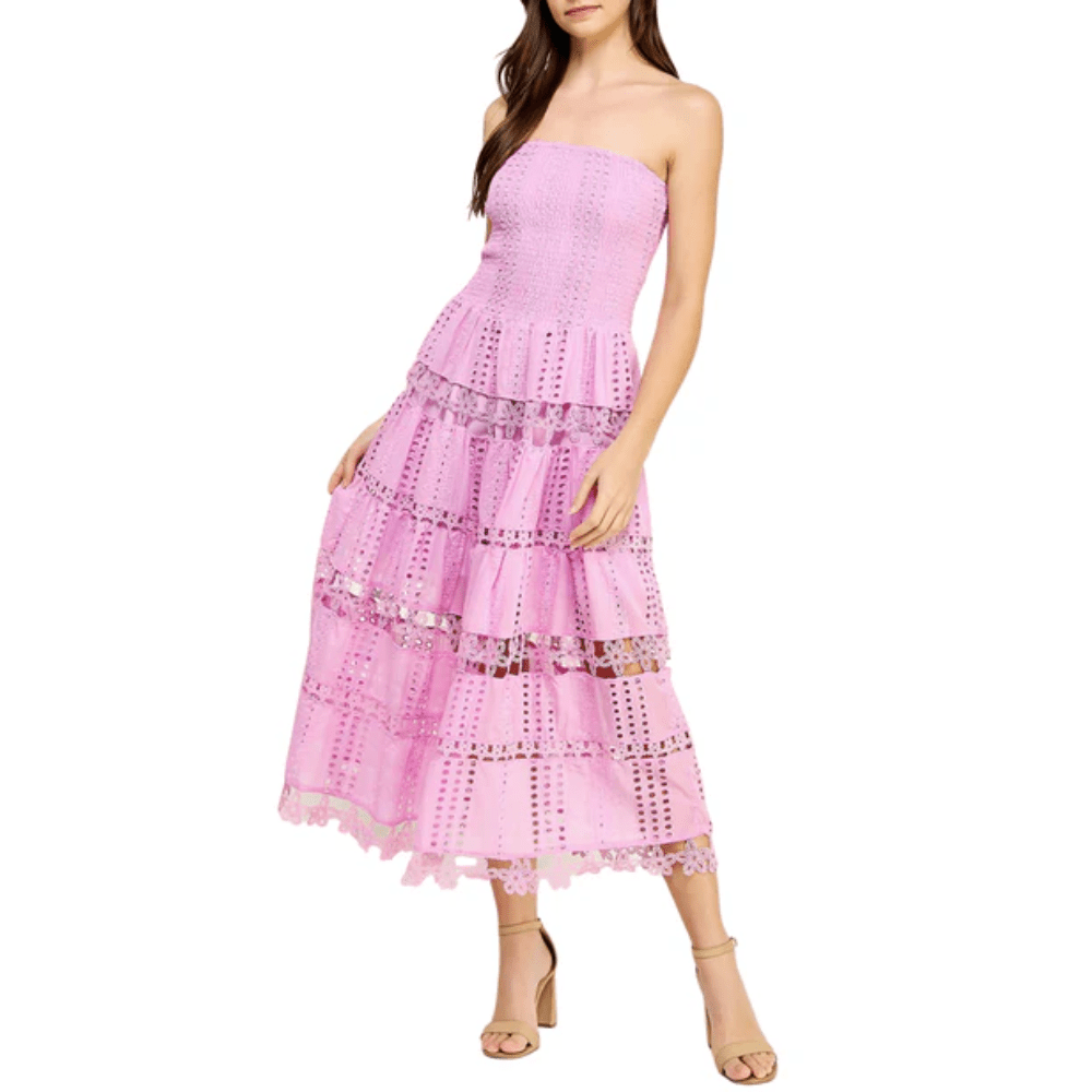 Strapless Midi Dress with Tiered Ruffle Design