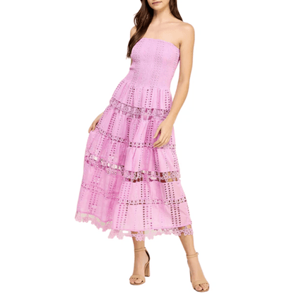 Trägerloses Spitzen-Midikleid mit gestuftem Volant-Design