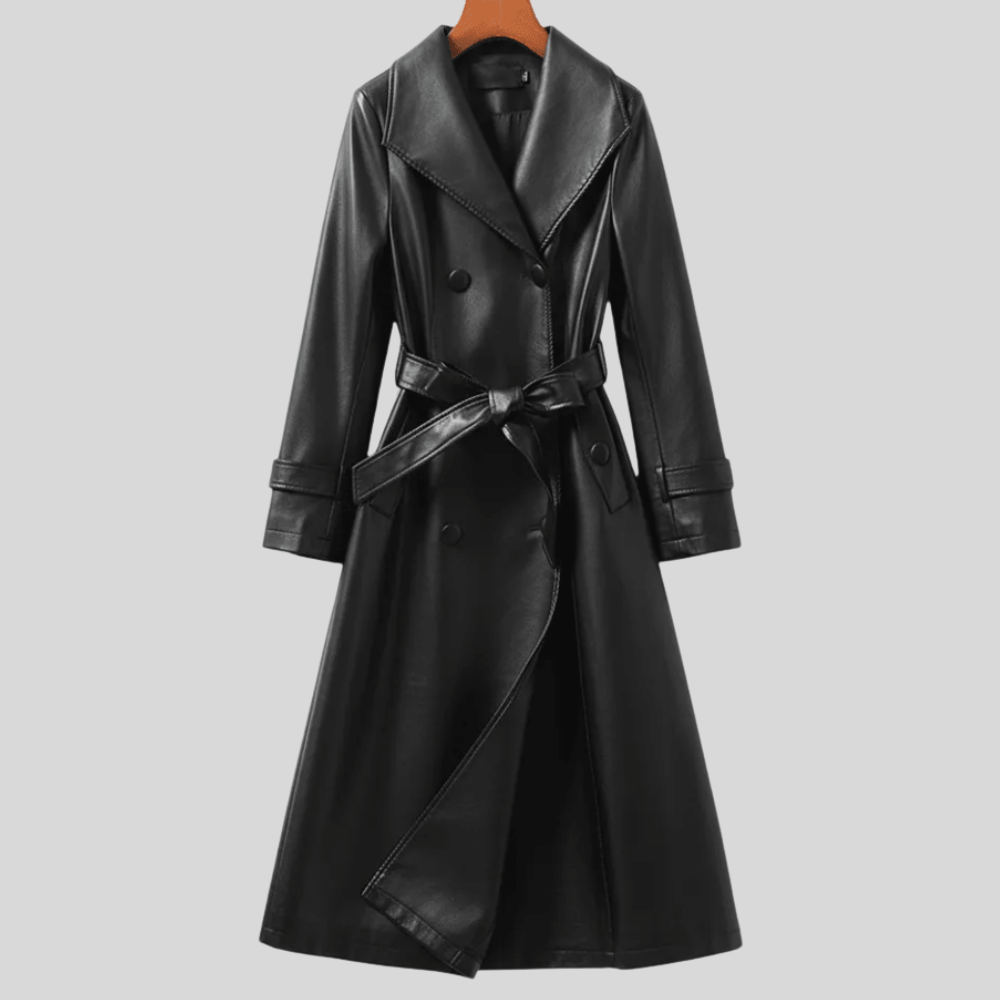 Gabardina de Cuero de Piel de Oveja para Mujer con Cinturón Chaqueta Larga Elegante