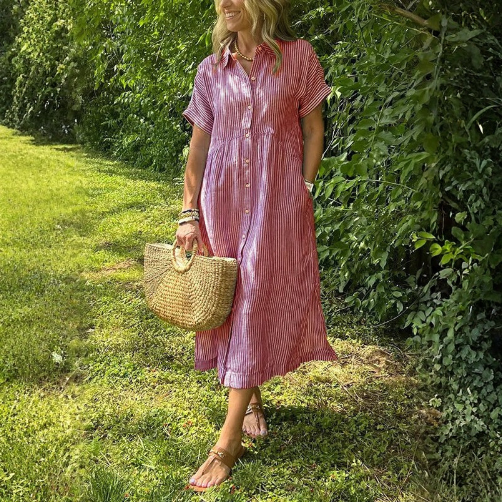Women Striped Button Front Shirt Midi Dress