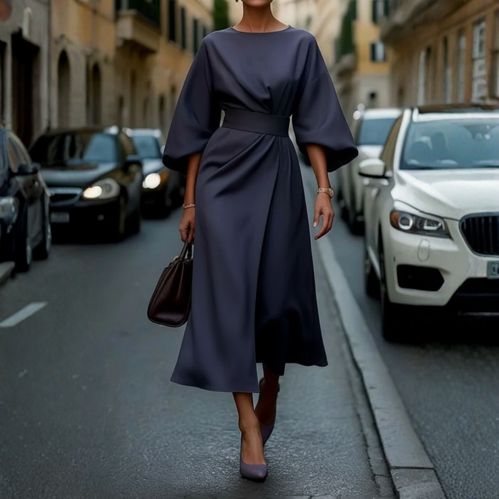 Women Belted Cocktail Dress Lantern Sleeve Elegant Evening Outfit