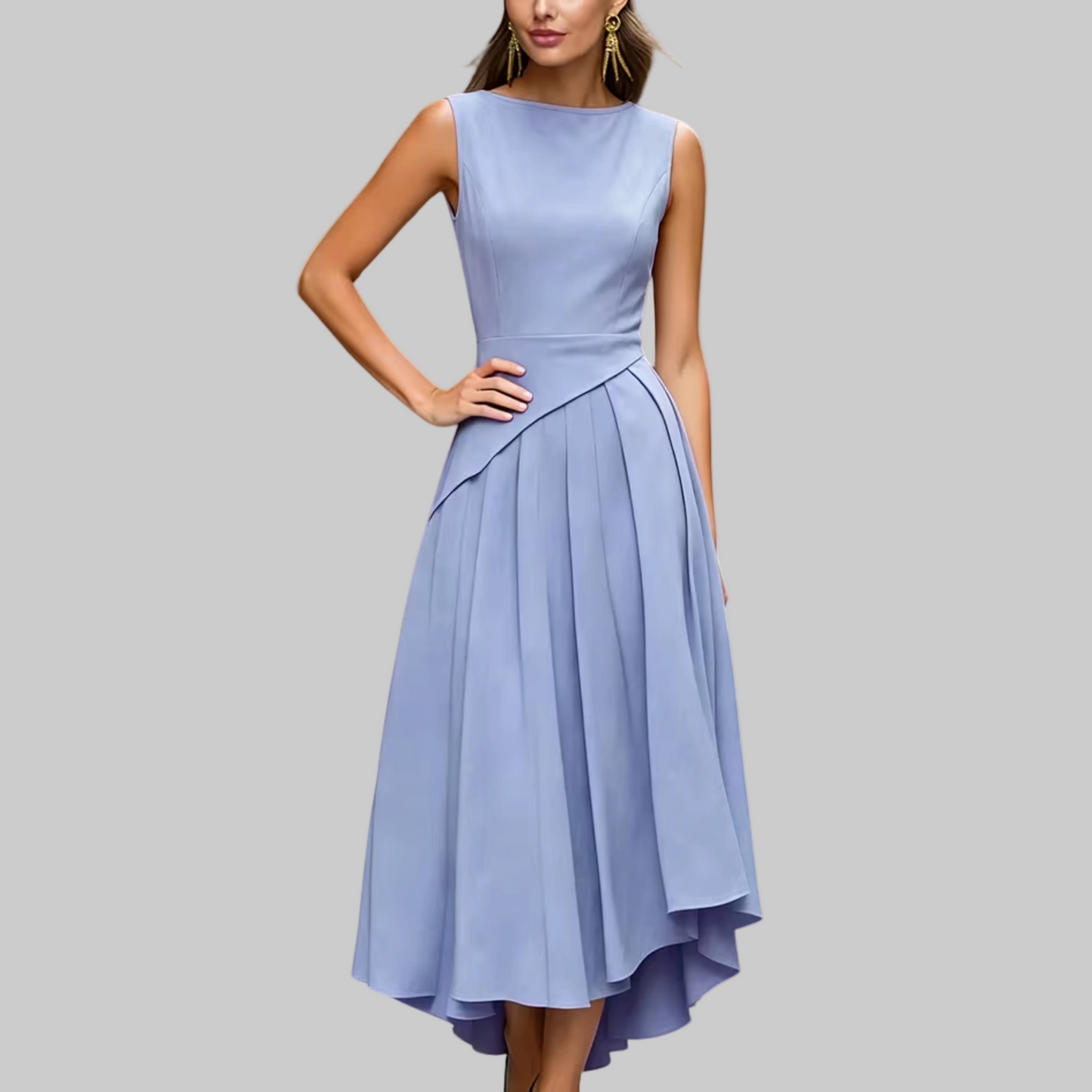 Sleeveless Asymmetrical Pleated Midi Dress