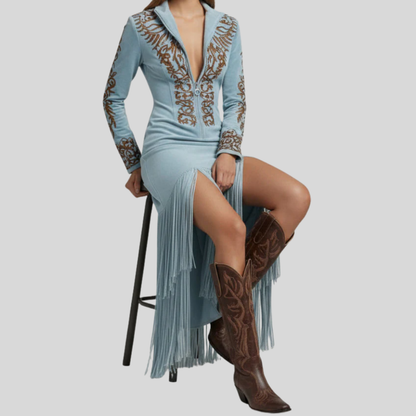 Women Fringe Maxi Dress Flowing Summer Beach Party Outfit