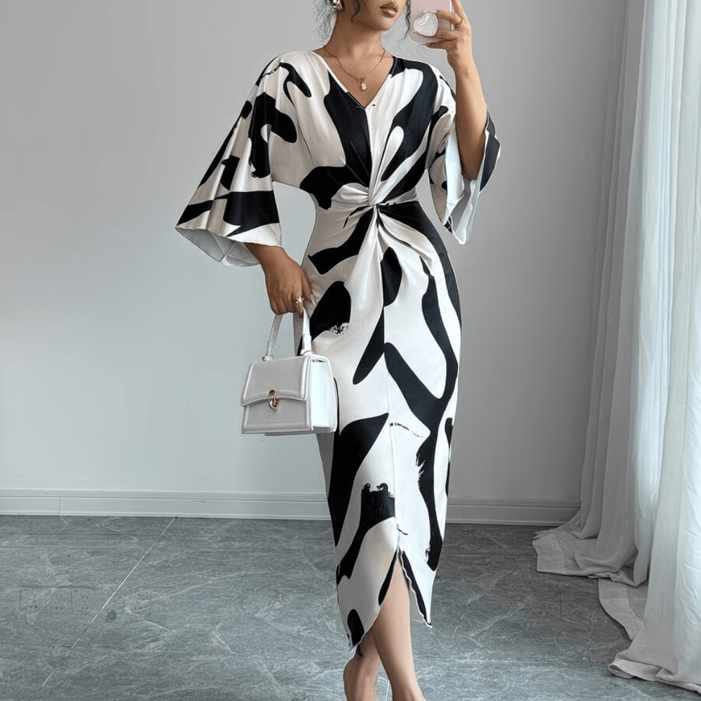 Abstract Print Twist Waist Midi Dress