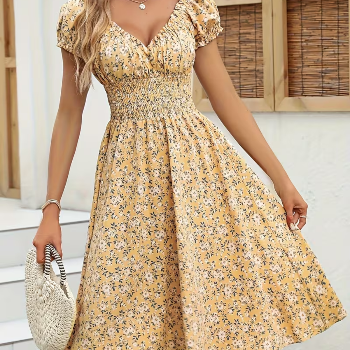 Florales Midikleid mit V-Ausschnitt und geraffter Taille