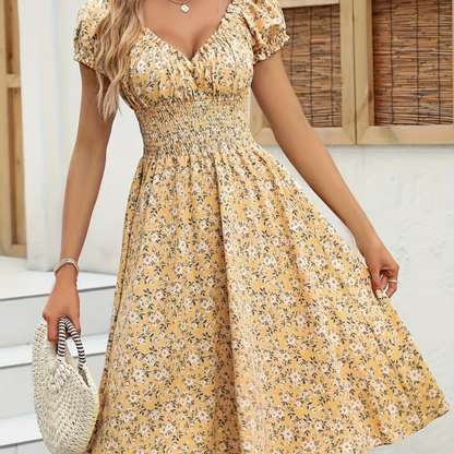 Floral V Neck Smocked Waist Midi Dress