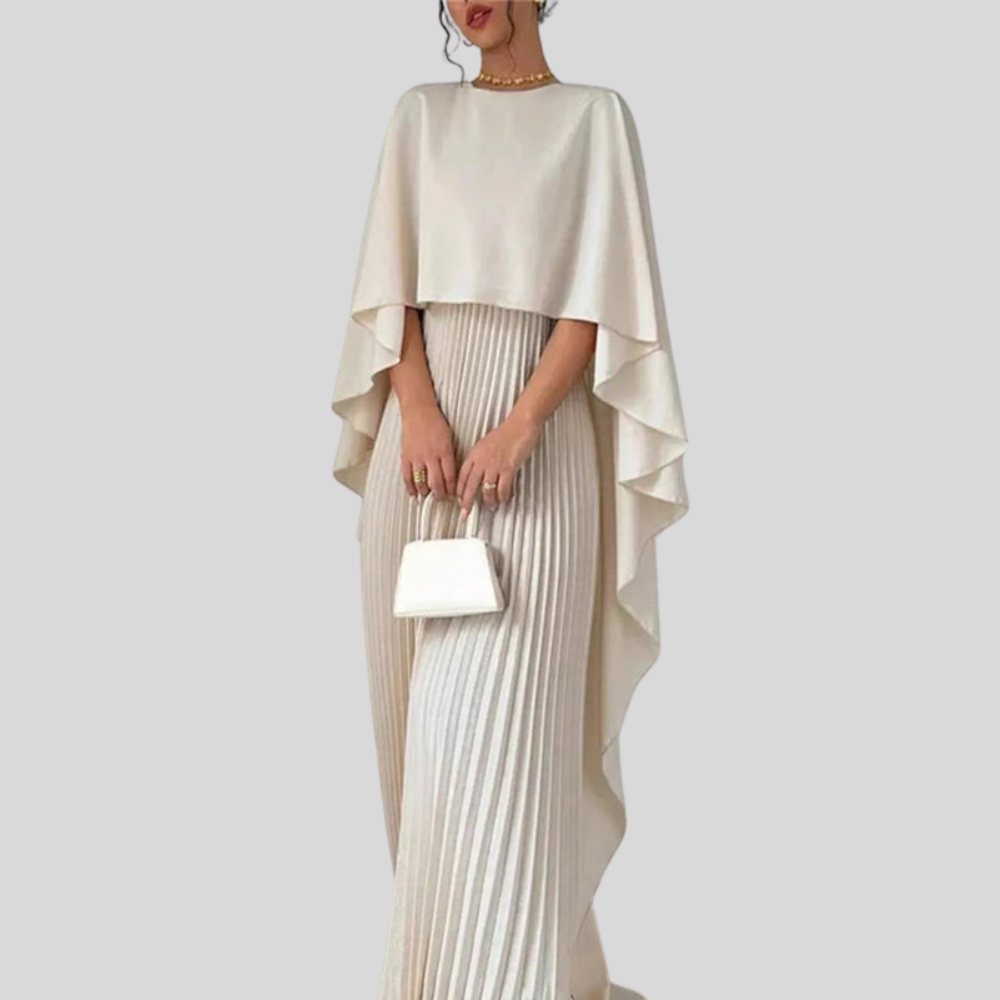 Women Pleated Cape Maxi Dress Elegant Formal Evening Gown