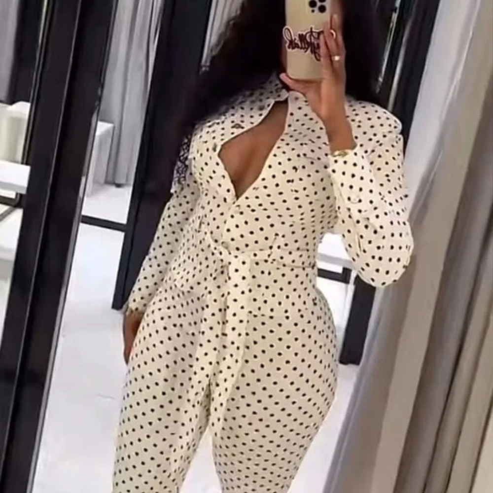 Women Polka Dot Two Piece Set Crop Top Pants Casual Outfit
